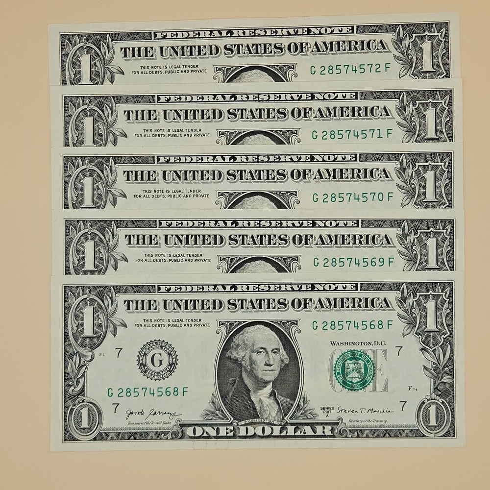 5 One Dollar Bills Uncirculated Sequential (W/‎ SLEEVES)- Series 2017A (B176)